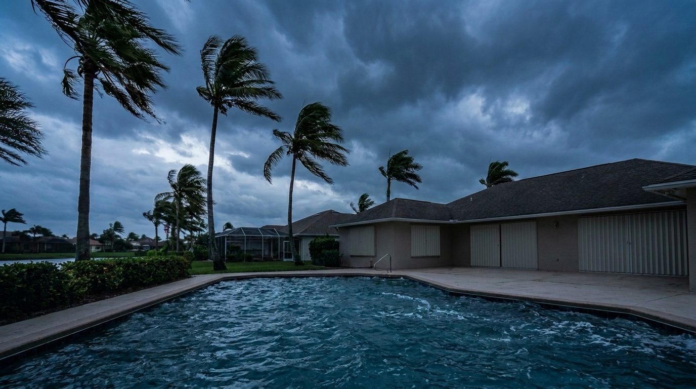 Florida backyard pool and screen enclosure under storm clouds before a hurricane